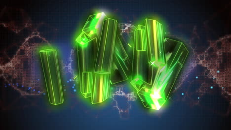 animación de un bloque verde brillante girando sobre la hilera de adn girando.