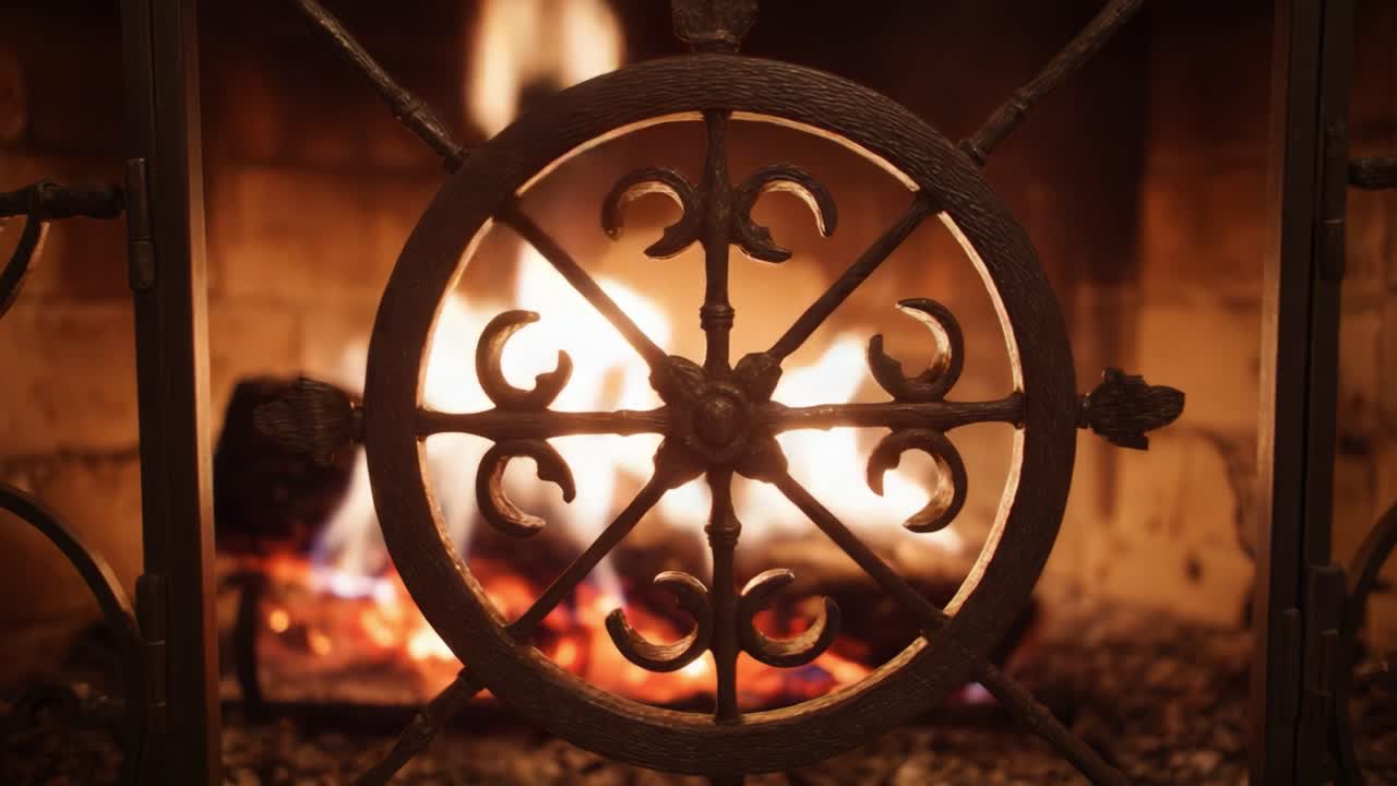 A Captivating Look at the Flickering Flames Through an Intricate Wrought Iron Fireplace Screen, Highlighting the Warmth and Ambiance of a Cozy Indoor Space