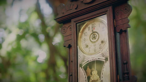 antique pendulum clock in a forest low angle medium shot slow motion