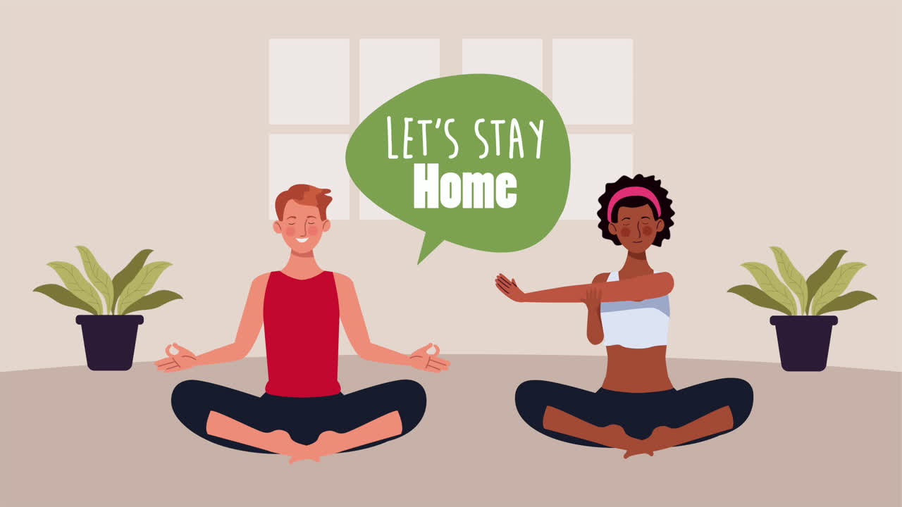 코로나19 예방 방법을 위해 집에서 요가를 연습하는 인종 간 커플