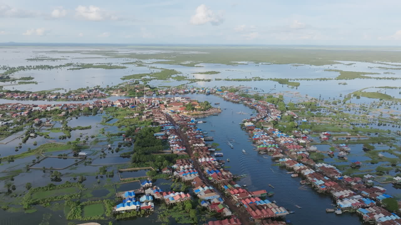 Aerial video of Tonlé Sap floating village with waterways, blue rooftops, and green patches across vast wetlands