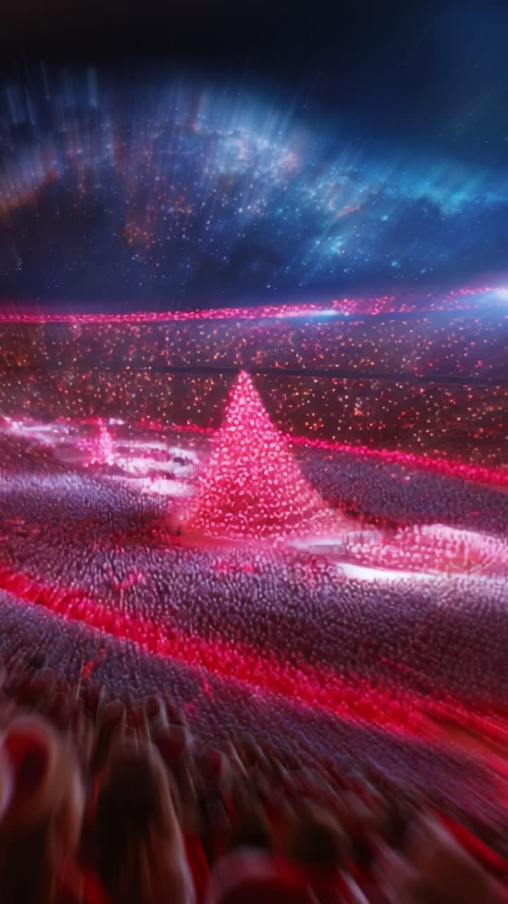 A Dreamlike Display of a Glittering Christmas Tree Surrounded by Enchanted Crowds and a Cosmic Sky, Capturing the Magic of a Festive Extravaganza in Vibrant Lights and Emotions