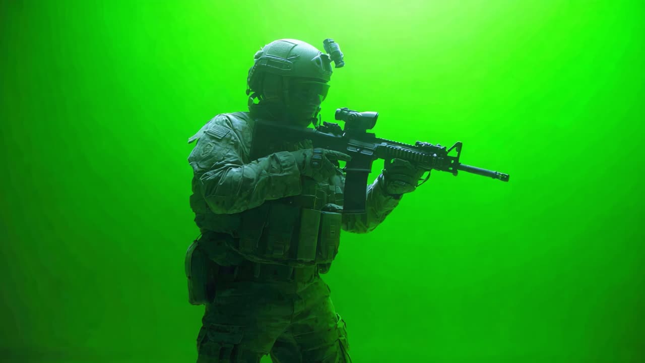 Un soldato in equipaggiamento tattico tiene un fucile su uno sfondo verde, illustrando la preparazione militare e le operazioni furtive in un ambiente dinamico.