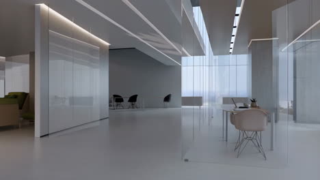 modern minimalist office interior with glass partitions and conference area