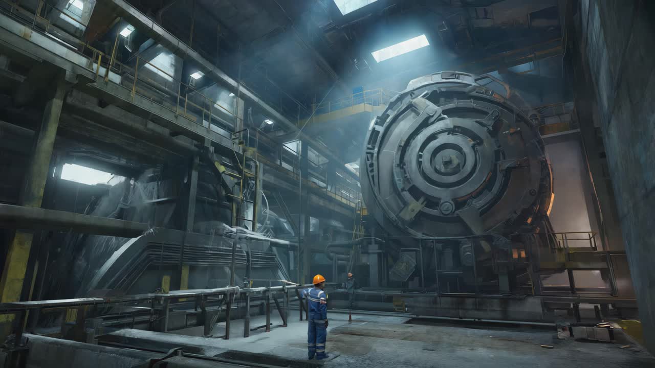 Industrial Factory Interior with Workers and Machinery