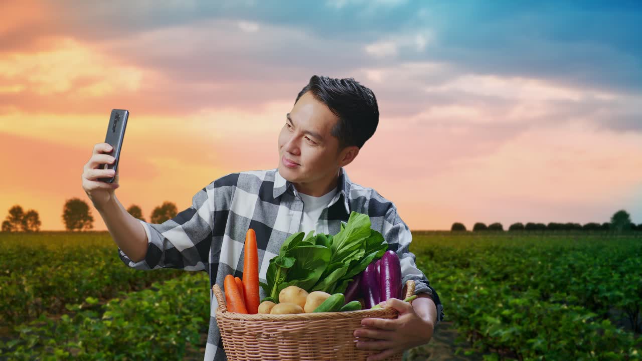 에서 스마트폰으로 셀피를 찍는 채소 바구니를 가진 아시아 남성 농부