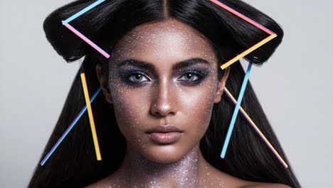 captivating beauty portrait of an asian model with sparkling makeup and colorful hair accessories exhibiting unique artistic style in a studio setting