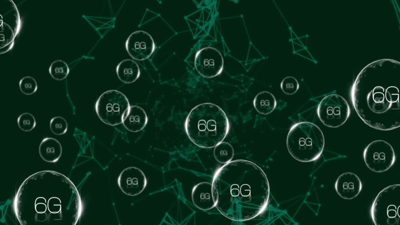 검은 바탕에 6g 텍스트를 가진 연결 네트워크의 애니메이션