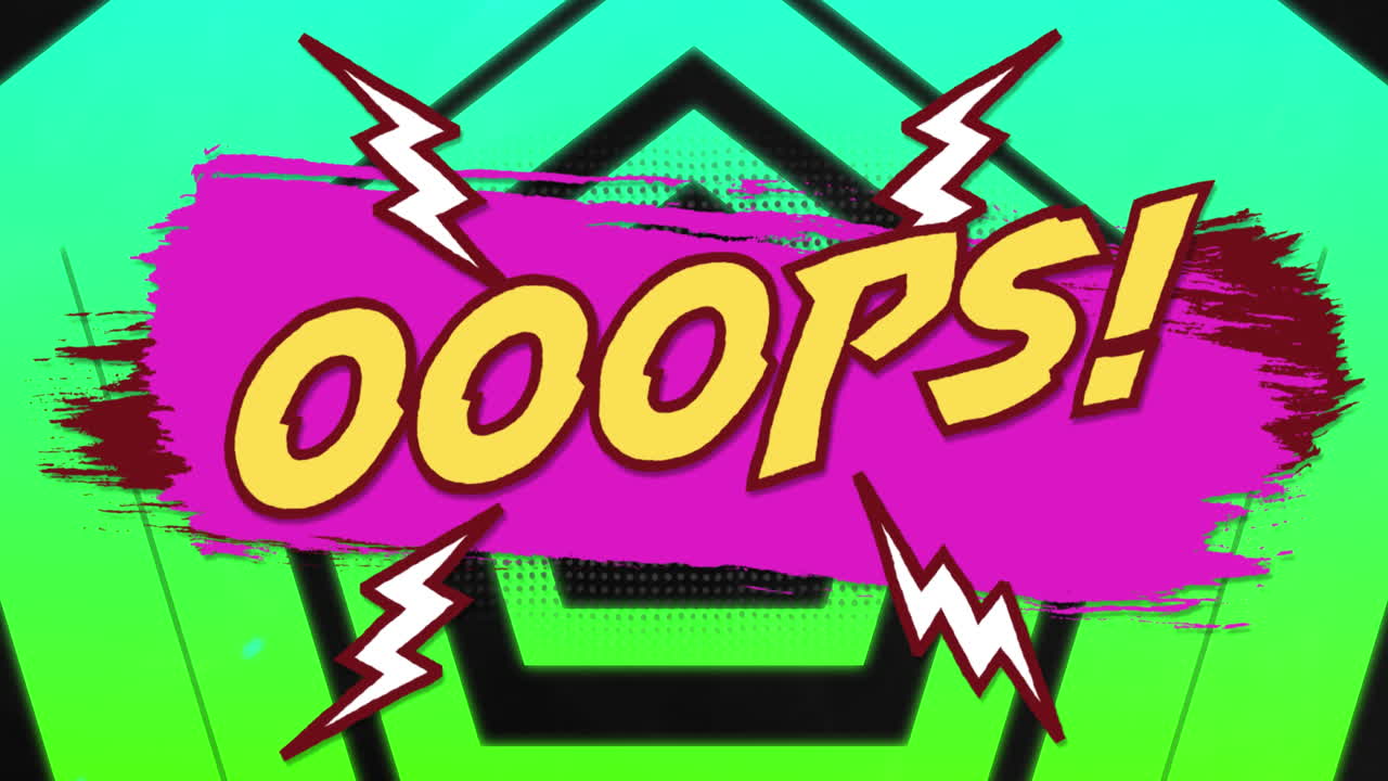Animazione del testo "ooops" su forme verdi su sfondo nero