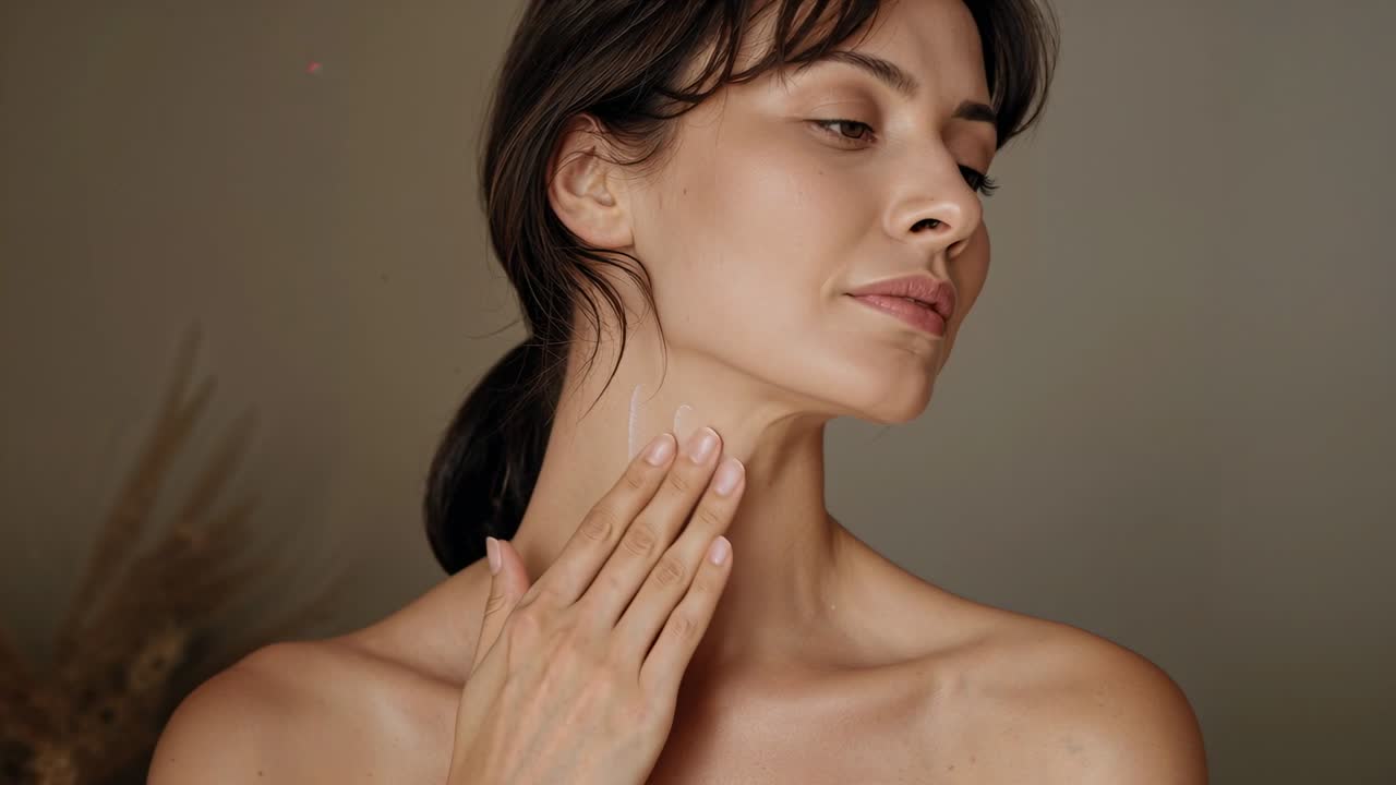 Donna che porta la mano al collo e massaggia la crema verso l'alto, con linee animate che guidano la routine di cura della pelle.