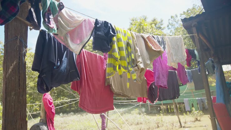 Colourful clothes on garden washing line sway gently in the drying breeze