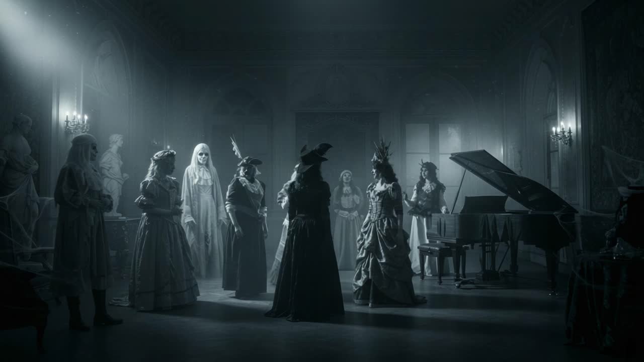 A Haunting Gathering of Specters: Enigmatic Figures Dressed in Elegantly Sinister Costumes Dance in a Dimly Lit Room, Surrounded by Statues and a Grand Piano
