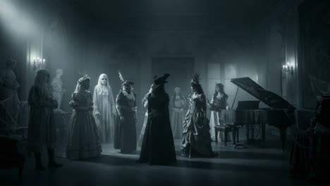 a haunting gathering of specters: enigmatic figures dressed in elegantly sinister costumes dance in a dimly lit room, surrounded by statues and a grand piano