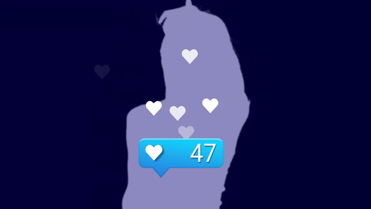 심장 아이콘을 가진 사람의 실루과 어두운 배경에 47 개의 애니메이션을 좋아합니다.