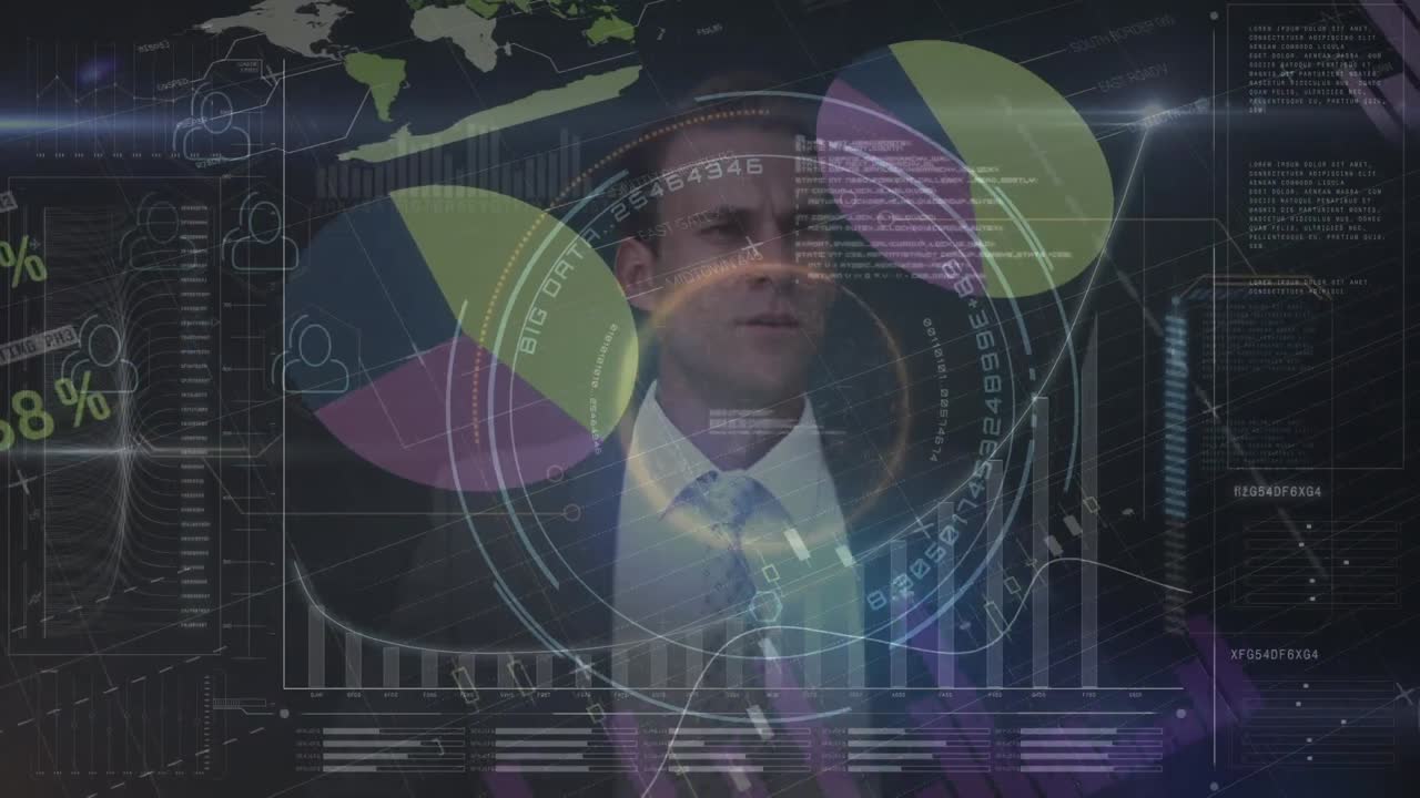 animación de un hombre de negocios caucásico sobre el procesamiento de datos