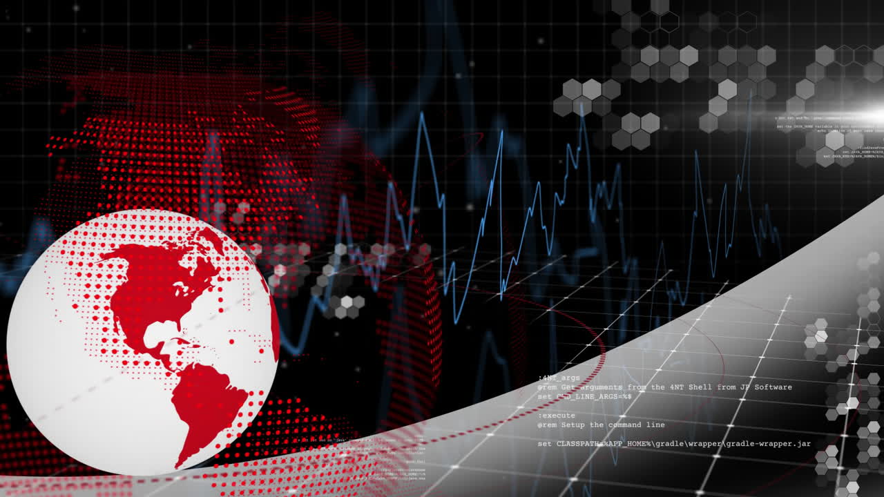 Animation of red globe with digital graphs and data processing on dark background
