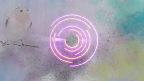 animación de un círculo multicolor sobre el arte de un pájaro de pie en una rama contra un fondo abstracto