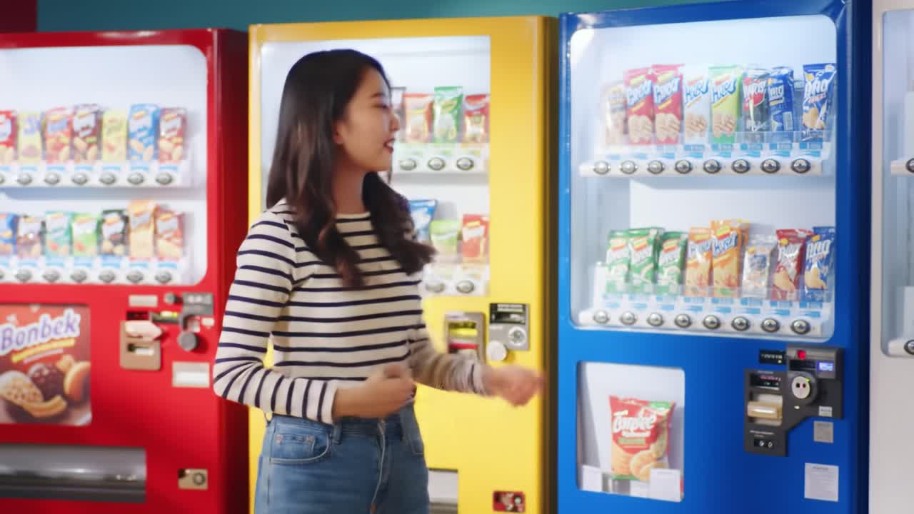 A Young Woman Engages with Colorful Vending Machines While Selecting a Snack or Beverage in a Brightly Designed Modern Space