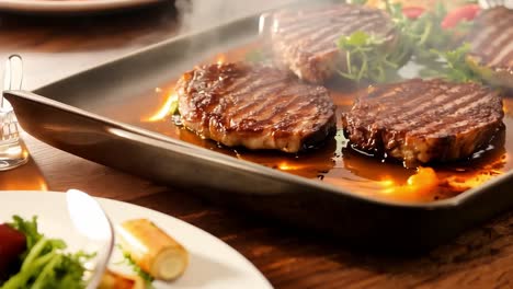 close-up of a sizzling steak with flames on a plate