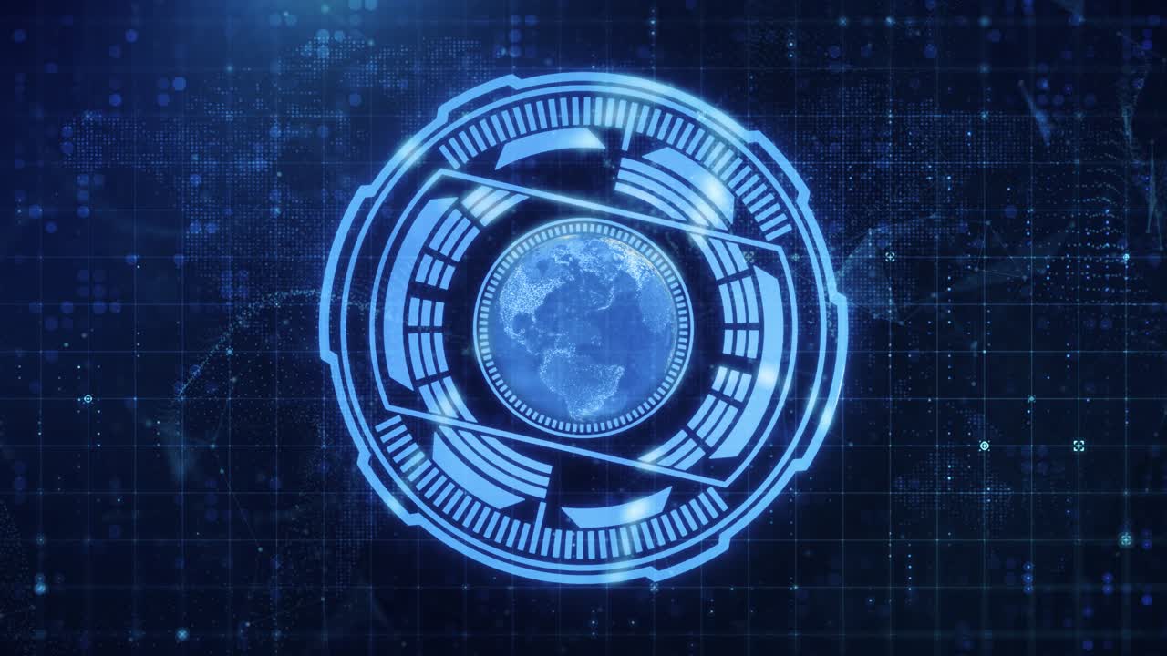 Futuristic HUD World Map with Digital Grid, AI Technology, and Glowing Network Particles