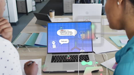 animation of ecology icons over diverse female colleagues using laptop with ai chat in office