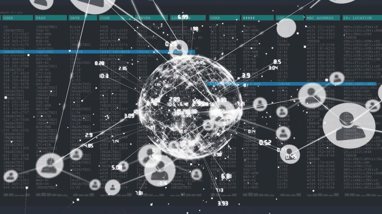 Animation of network of connections with icons over globe and data processing on black background