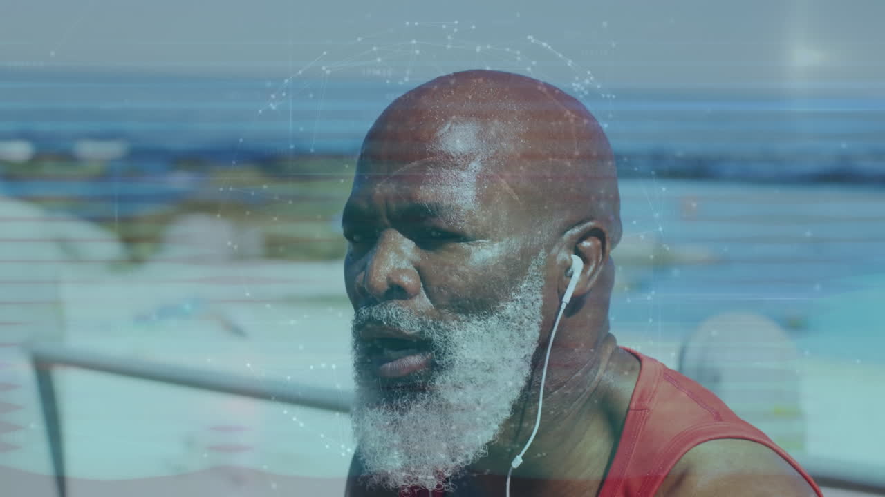 Globe of network of connections against african american senior fit man wearing earphones