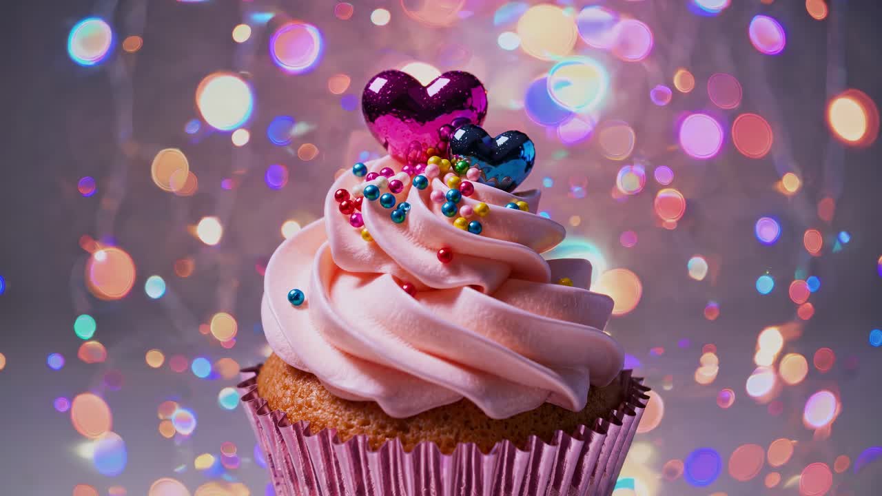 pastel con glaseado rosa, decorado con salpicaduras en forma de corazón y cuentas de colores, se sienta en un fondo vibrante con bokeh colorido, creando una atmósfera festiva y romántica