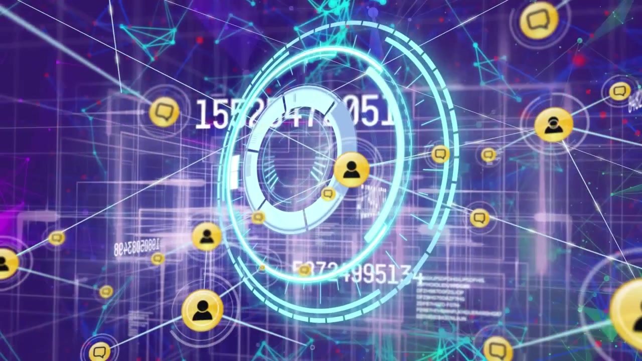 Animation of circles, changing numbers, connected icons and dots forming shapes in background