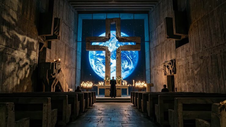 Præst står ved alter i moderne kirke med jordklode- og korsbaggrund