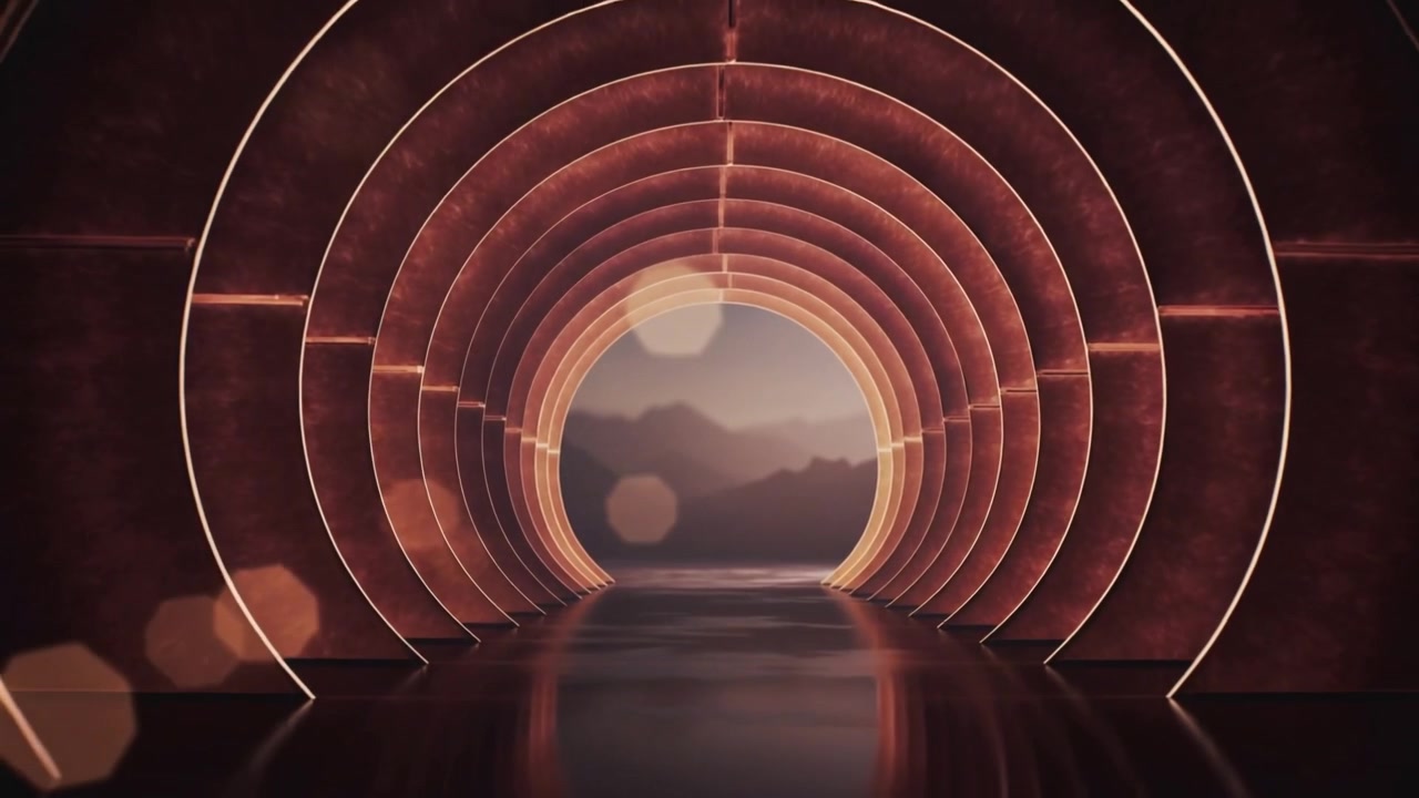 Opening shot revealing concentric lit rings moving toward hazy mountain, mirrored floor
