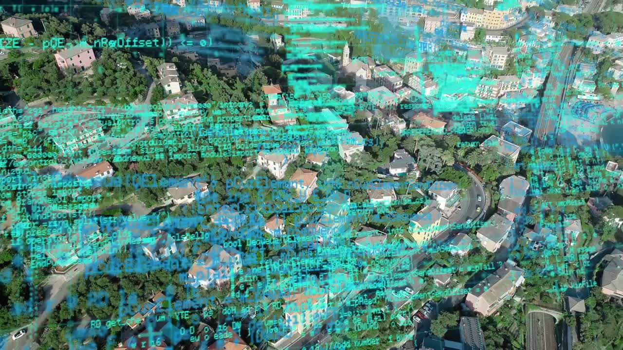 도시 풍경 위의 데이터 처리 애니메이션