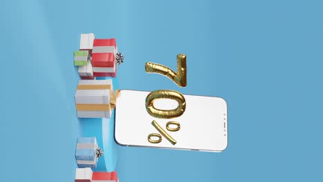 teléfono inteligente que muestra un 70 % dorado junto a cajas de regalos variadas sobre un fondo azul vertical