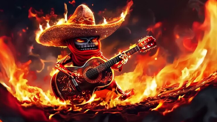 Uno scheletro con un sombrero che suona una chitarra tra le fiamme
