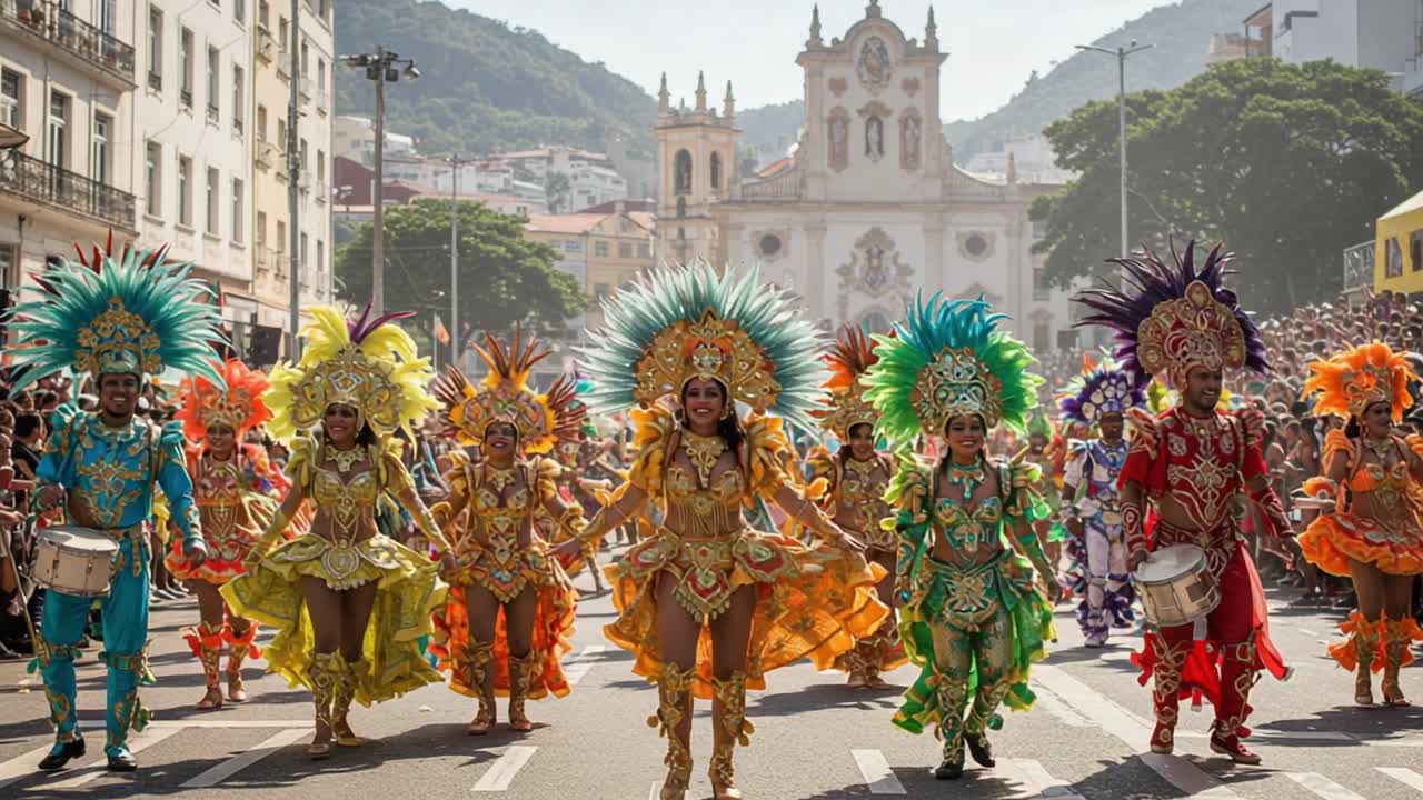 A Vibrant Celebration of Color and Culture: A Festive Parade Showcasing Dancers in Elaborate Costumes and Feathered Headpieces in a Lively Urban Setting