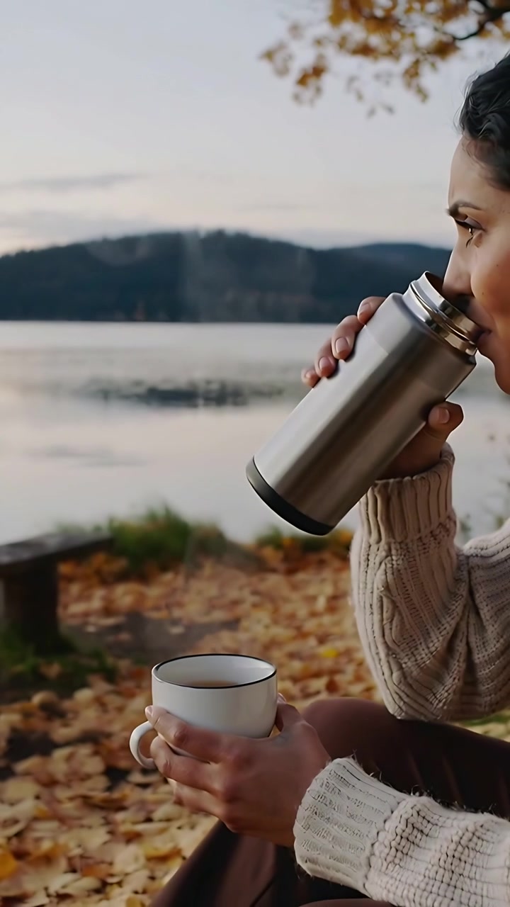 Video verticale: Donna in abito crema che si scalda versando una bevanda, sollevando un thermos e sorseggiando da una tazza al lago, con spazio per il testo.