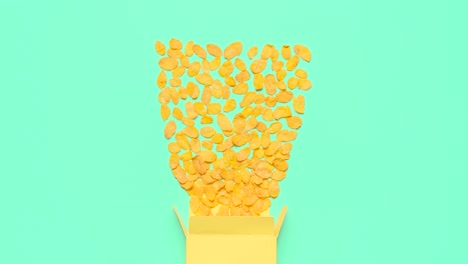 los copos de maíz se detienen en la animación de movimiento. los cereales de maíz en la vista superior.