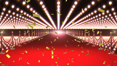 animation of gold confetti falling over brightly lit red carpet venue