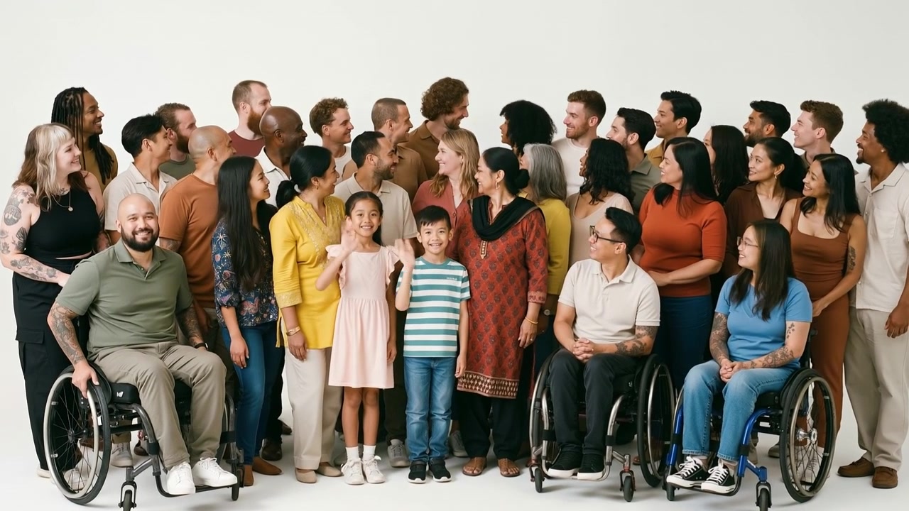 Diverse group of people including individuals in wheelchairs posing together for a portrait in a studio