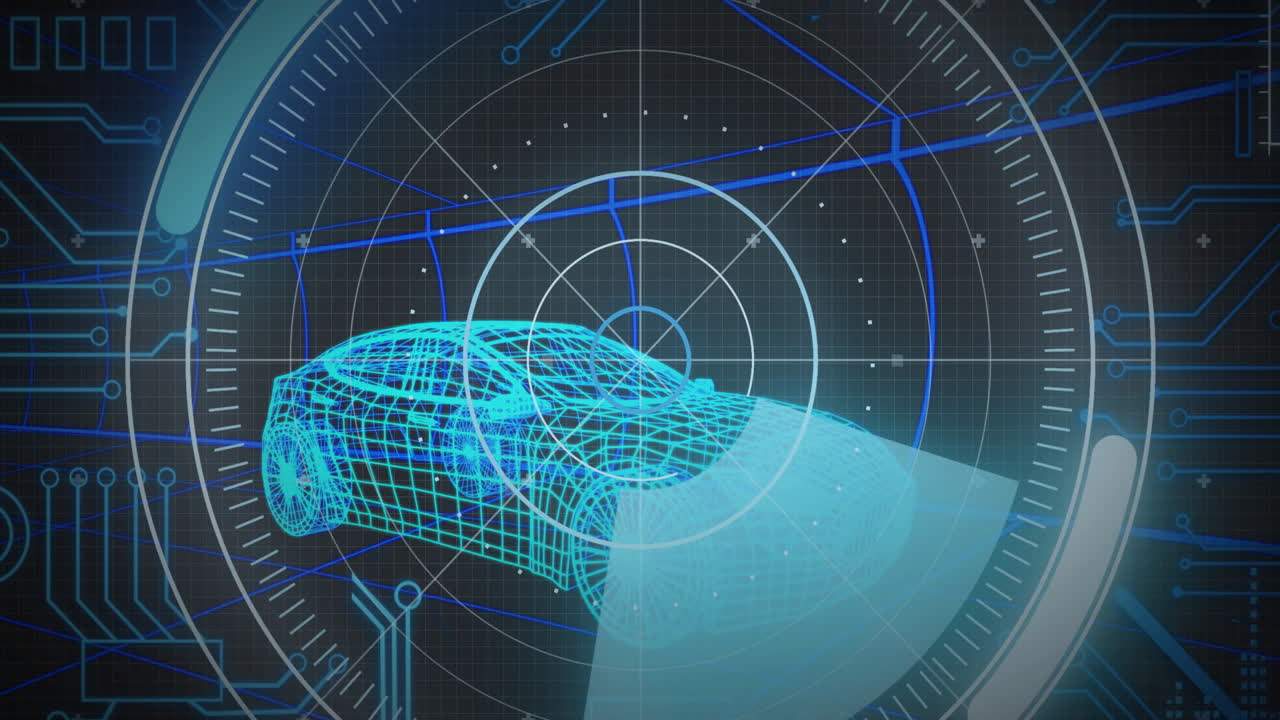 Animation showing futuristic car blueprint with radar and digital interface elements