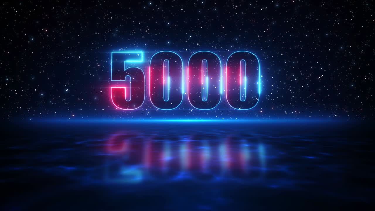 Futuristic Motion Red And Blue Number 5000 Display Neon Sign On Dark Blue Starry Sky Of The Space And Light Reflection On Water Surface