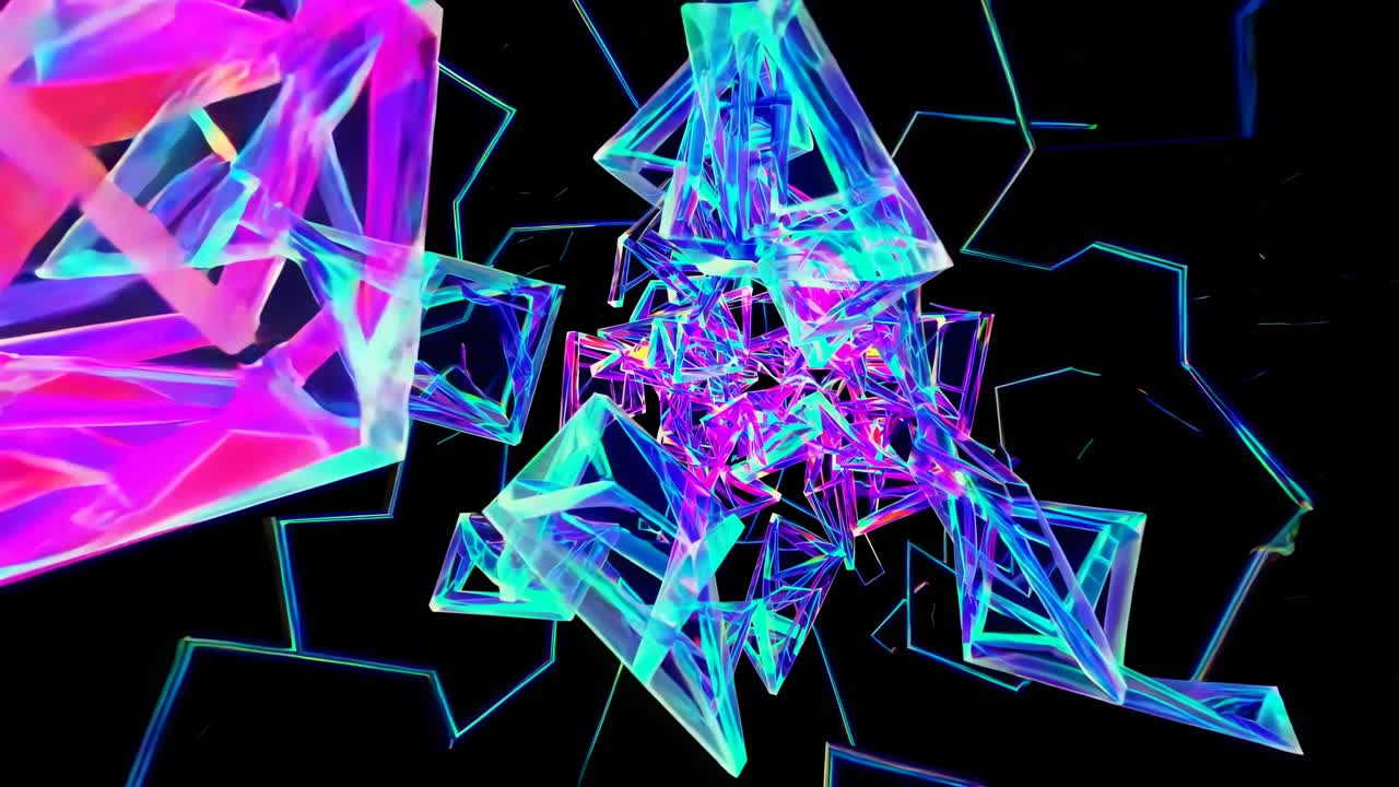 Abstract video with a dynamic, neon 3D tunnel effect. The camera angle creates a sense of depth
