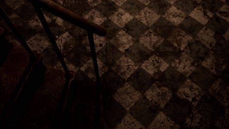 a dystopian destroyed ruined interior, with debris and rats on the floor and staircase, 3d animation, animated scene, camera top view