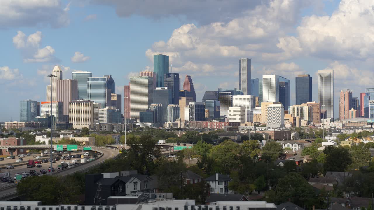 Drone shot moving to the right of downtown Houston, Texas