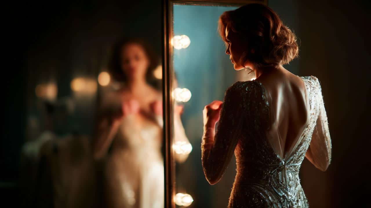 Elegant Woman in Sparkling Gown Standing Before Mirror with Soft Lighting, Captured in Two Distinct Frames, Emphasizing Graceful Movement and Refined Style