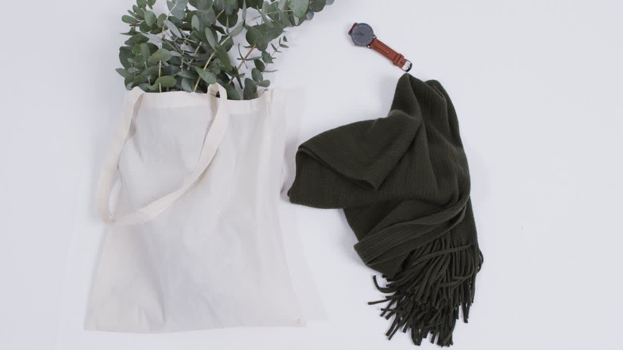 ⁇ 색 배경 에 식물, 스카프, 시계, 복사 공간 을 가진  ⁇ 색 캔버스 가방 의 비디오