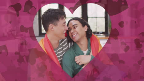 animación de corazón cortado sobre feliz pareja de hombres homosexuales diversos abrazándose en la bandera del arco iris