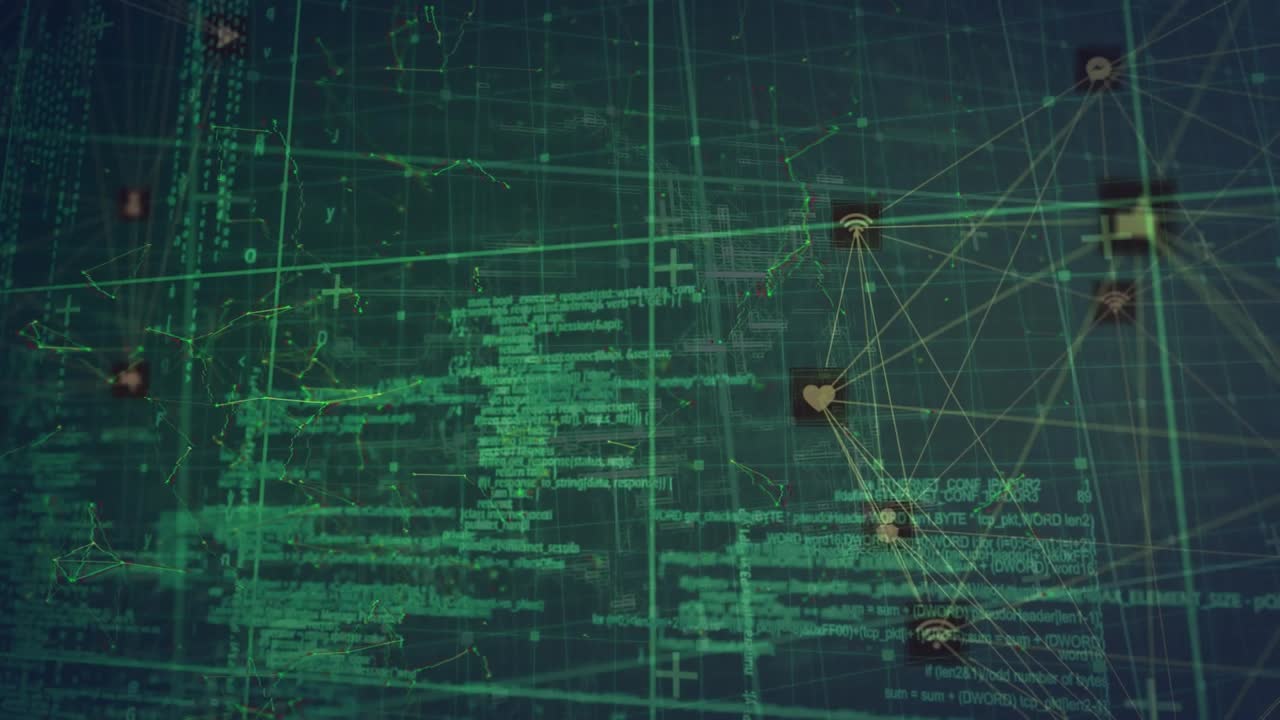 Animation of two globes of digital icons and data processing against green background