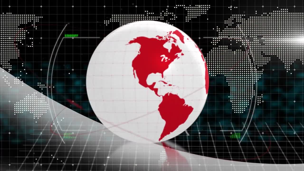 검은 바탕에 있는 지구와 세계 지도에 대한 데이터 처리 애니메이션