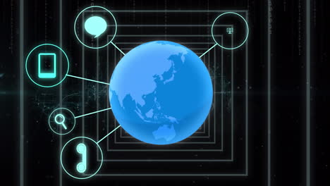 animation of globe with icons and data processing